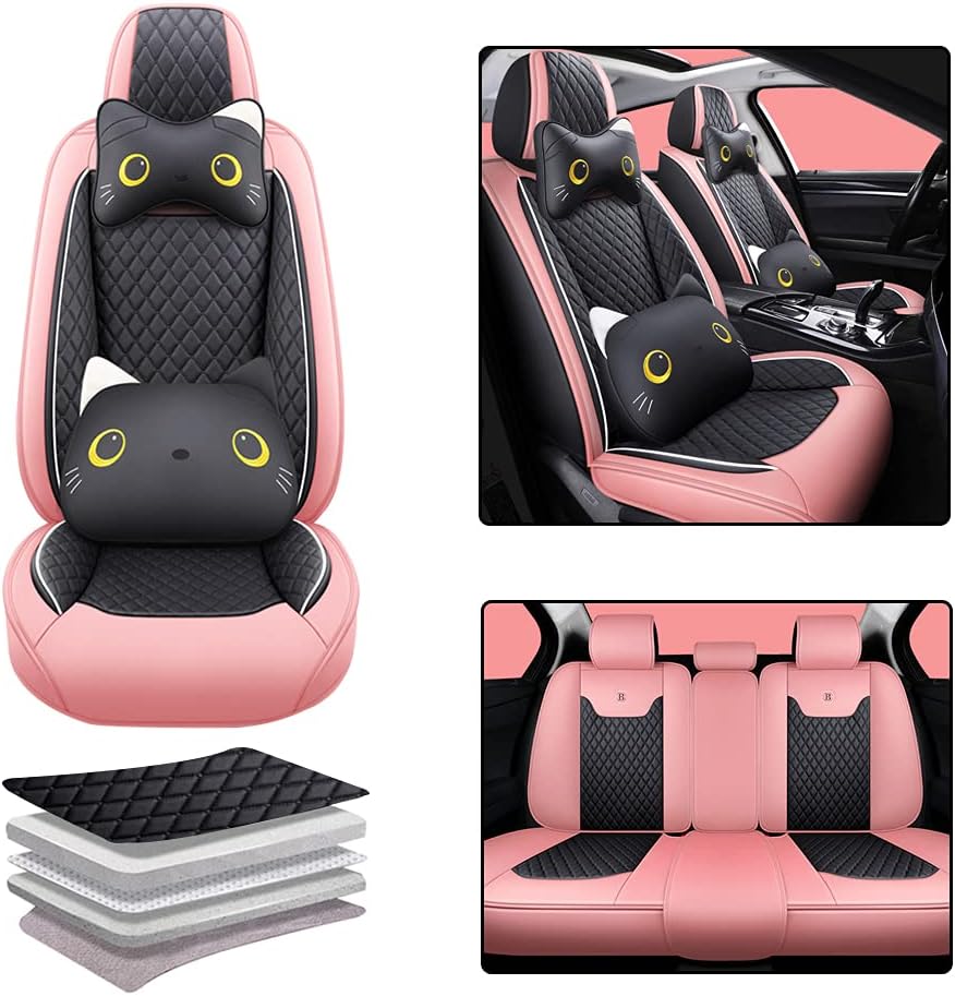 Pink-Black PU Leather Car Seat Covers Full Set 5 Seat T9302