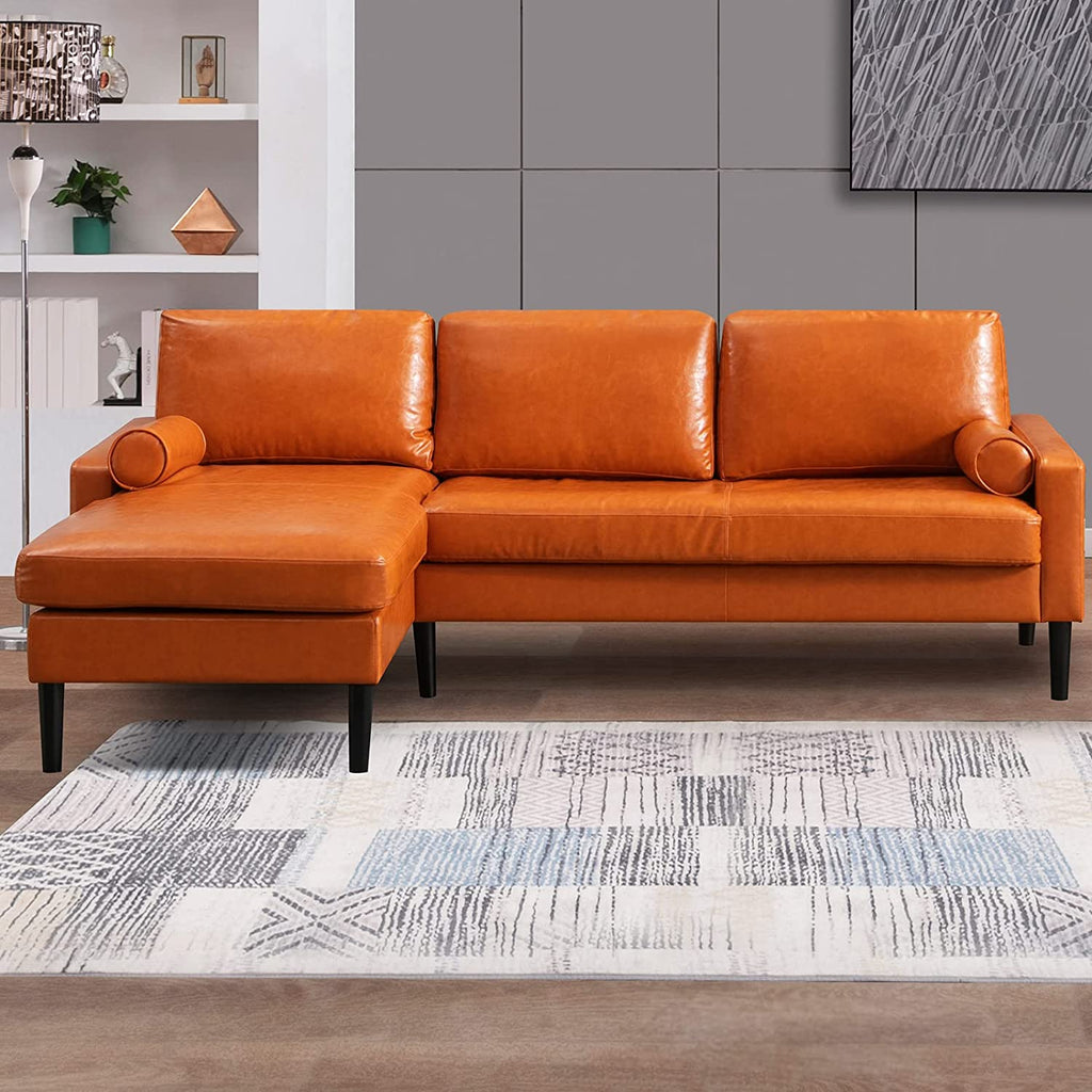 Convertible Sectional Sofa with Reversible Chaise, 3 Seat Faux Leather L-Shape Sofa with 2 Cylindrical Pillows F4867