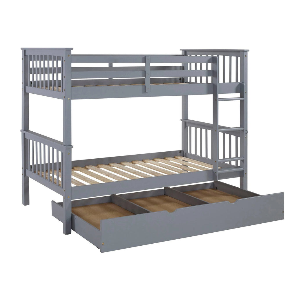 Twin Solid Wood Bunk Bed with Trundle Bed Gray O3477
