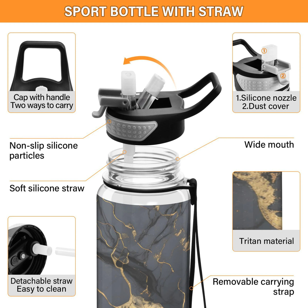 Black and Golden Marble 32oz Tritan Water Bottles with Straw Z965