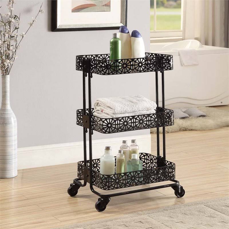 3 Tier Metal Serving Cart in Distressed Glossy Black J523895