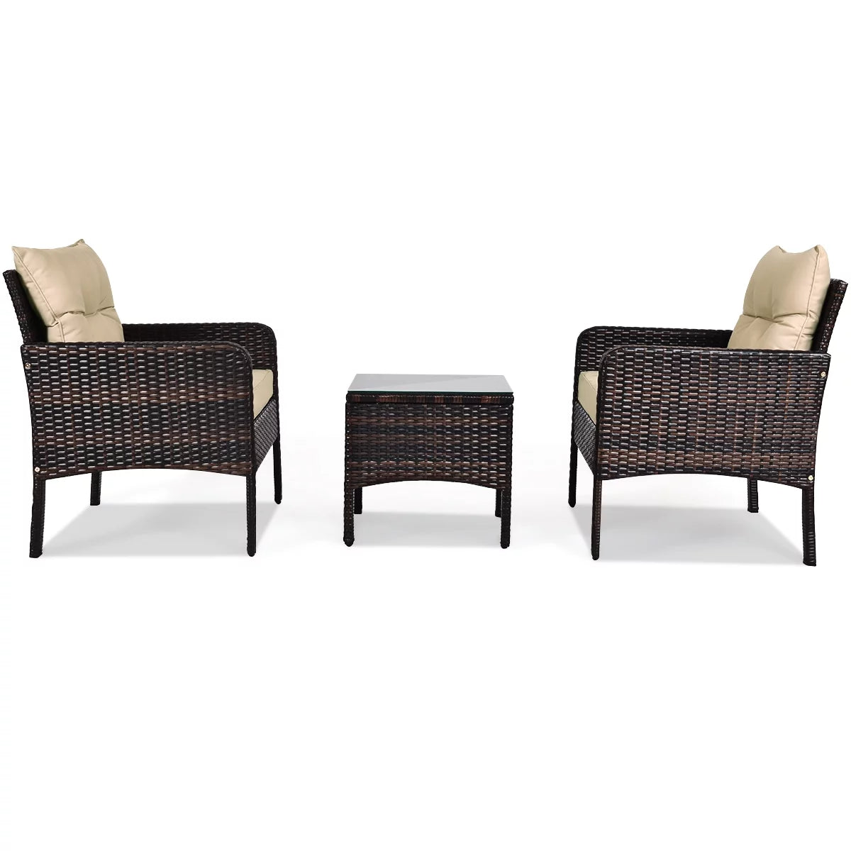 3PCS Brown Patio Rattan Furniture Set with Cushioned Chairs Coffee Table M67627