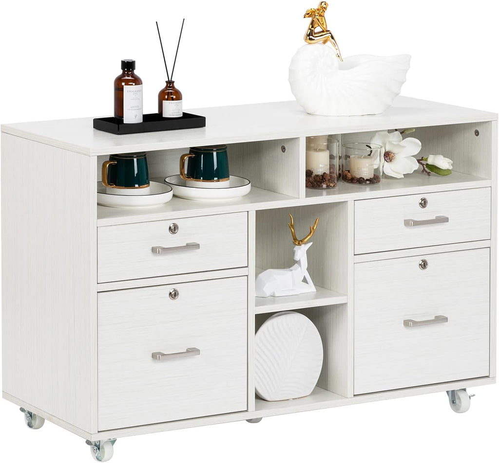 Black Wood Mobile File Cabinet with Drawers and Shelves F14429