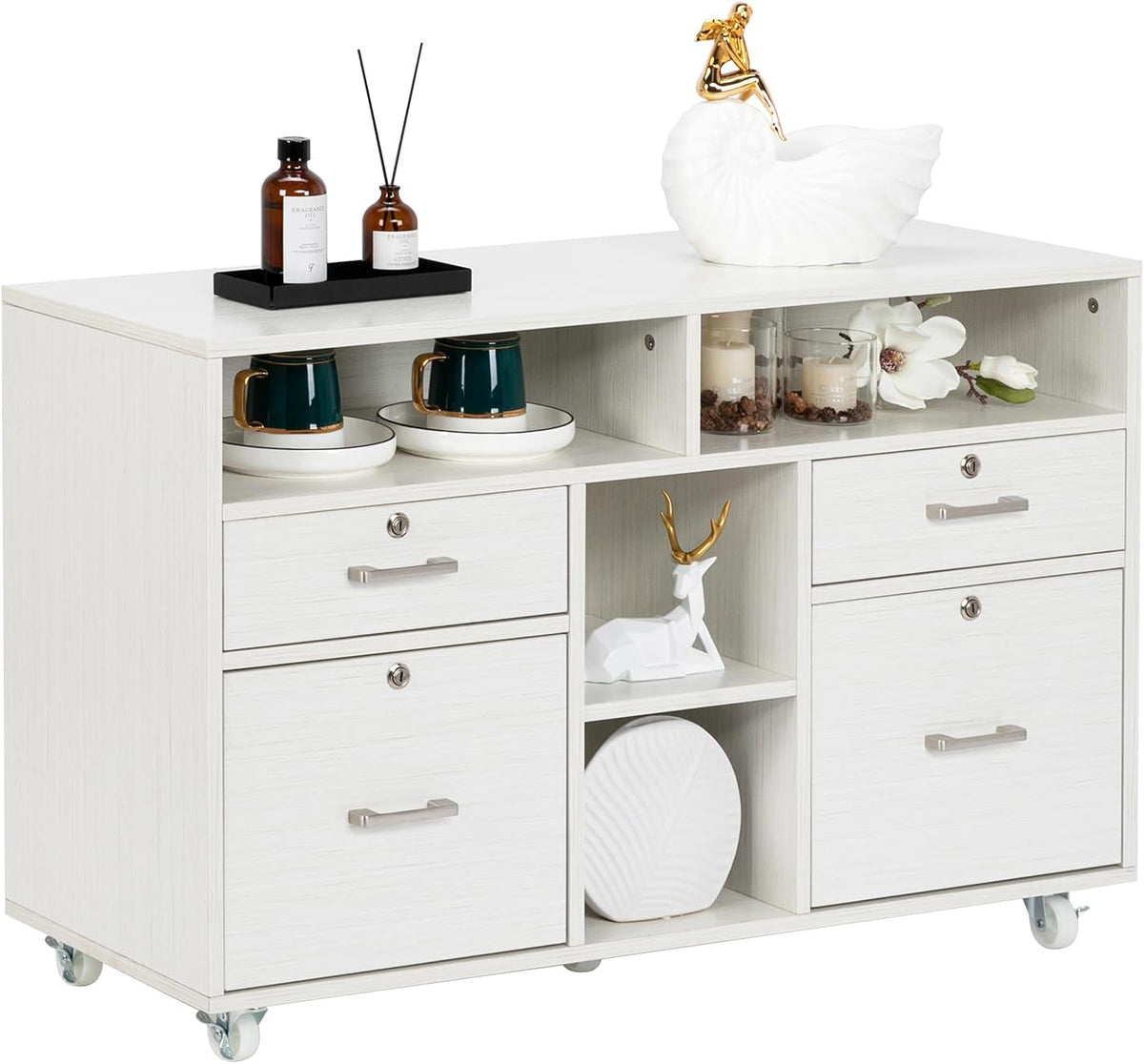 Black Wood Mobile File Cabinet with Drawers and Shelves F14429