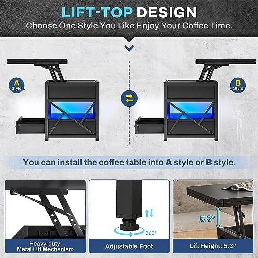 40" Lift Top Coffee Table with 2 Drawers & LED Light H74950