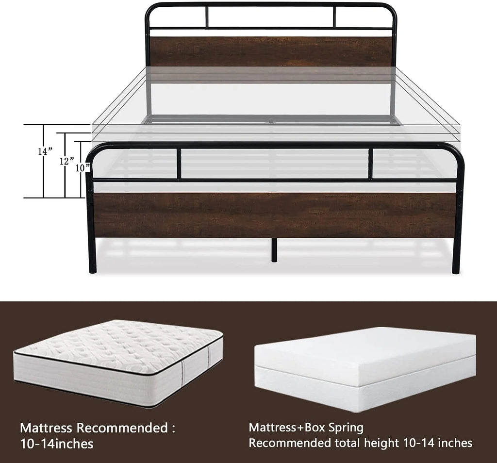 Dark Brown Queen Size Metal Platform Bed Frame with Wooden Headboard E92909