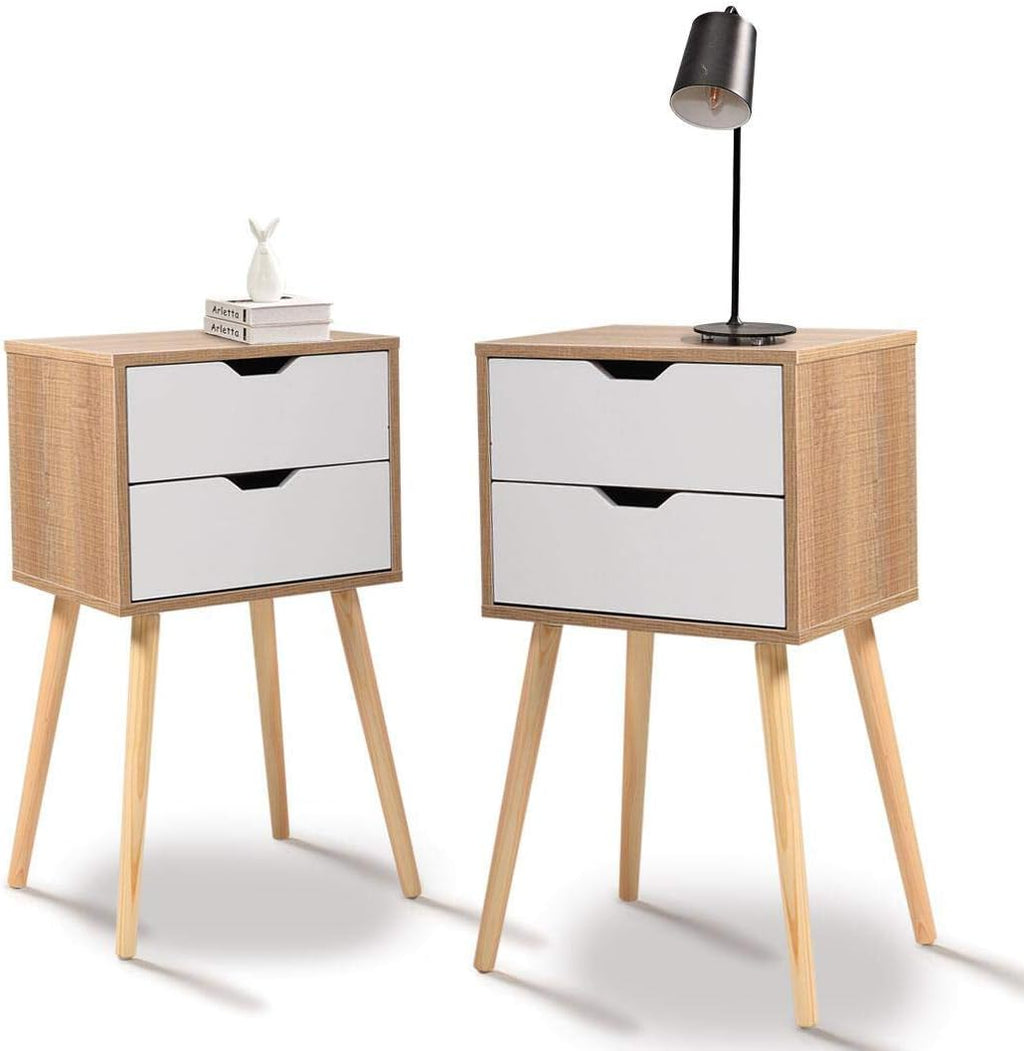 Set of 2 White & Walnut 2 Drawer Wood Nightstand V27845