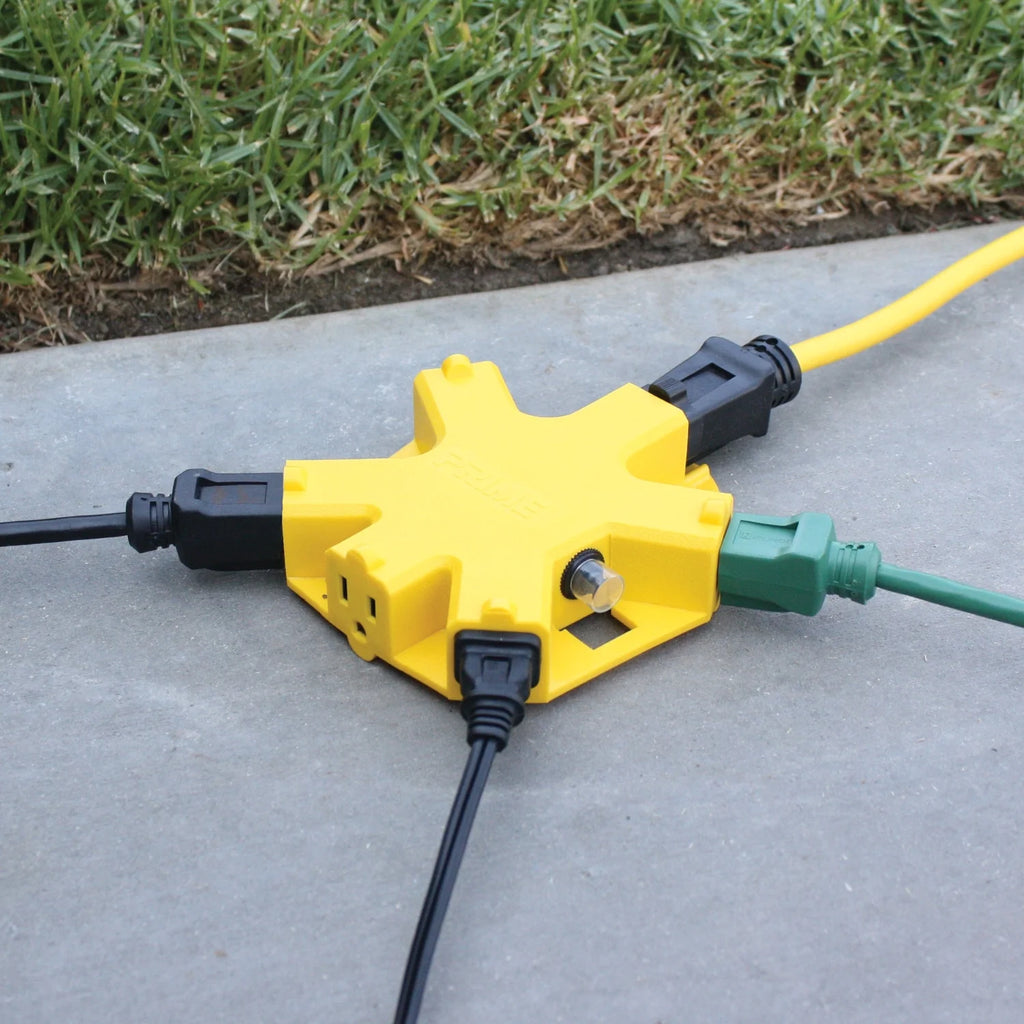 12/3 SJTOW 100 ft Outdoor Extension Cord with 5 Outlet Adapter, Yellow X368737