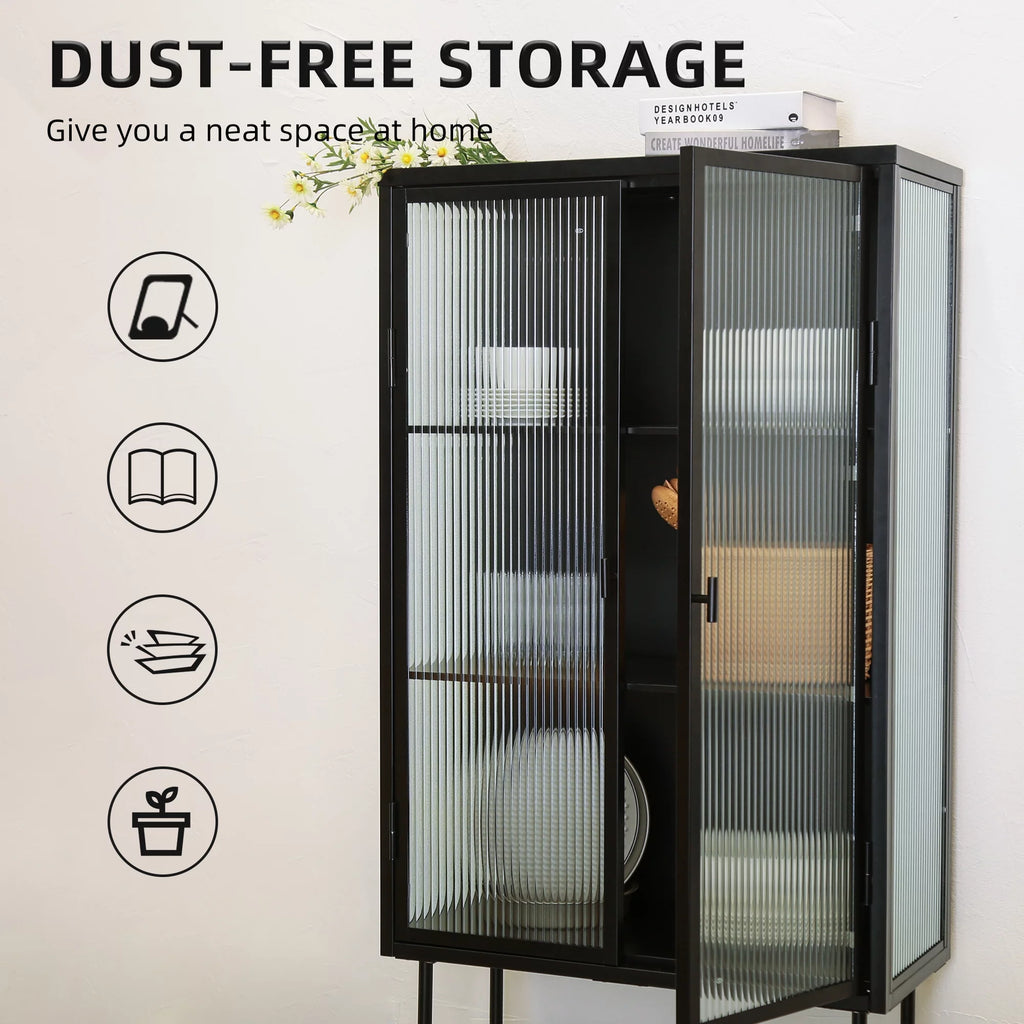 Black Fluted Glass High Cabinet with Dual Doors Q155479