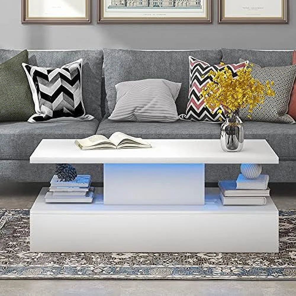 Modern High Gloss Coffee Table with LED Lights 2 Tiers 47.2 in T1165