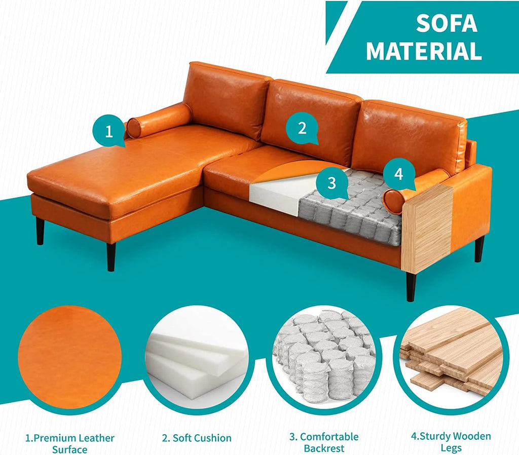 Convertible Sectional Sofa with Reversible Chaise, 3 Seat Faux Leather L-Shape Sofa with 2 Cylindrical Pillows F4867