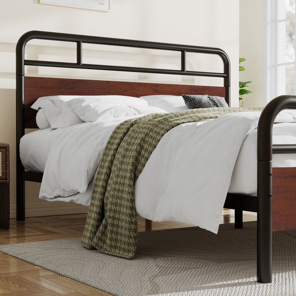 Dark Brown Queen Size Metal Platform Bed Frame with Wooden Headboard E92909