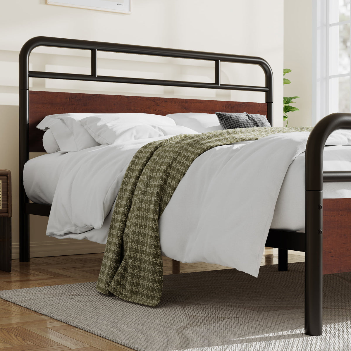 Dark Brown Queen Size Metal Platform Bed Frame with Wooden Headboard E92909