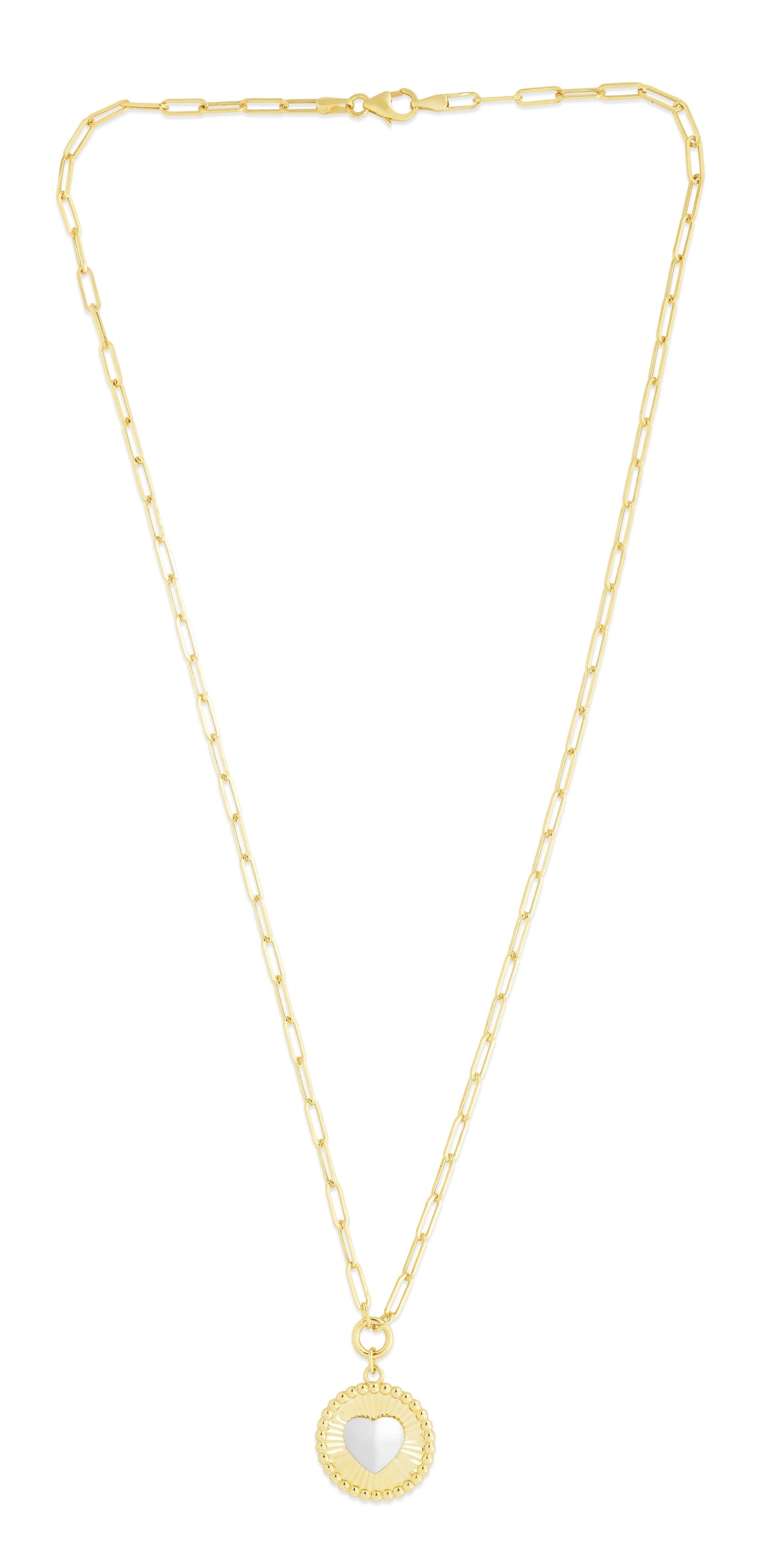 14K Yellow Gold Heart Two-tone Medallion Necklace on Paperclip Chain with Lobster Clasp - 18" S5128