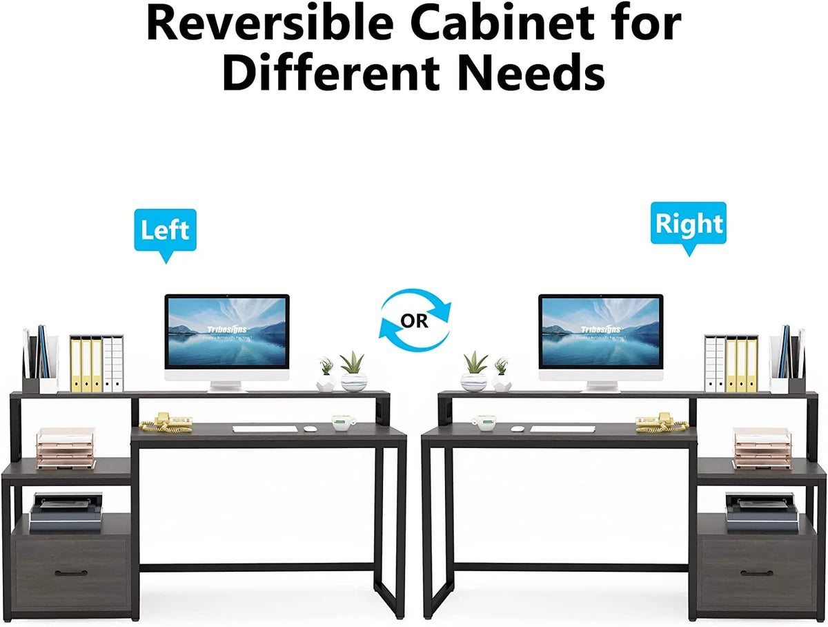 60" Gray Computer Desk with File Drawer and Storage Shelves R11737