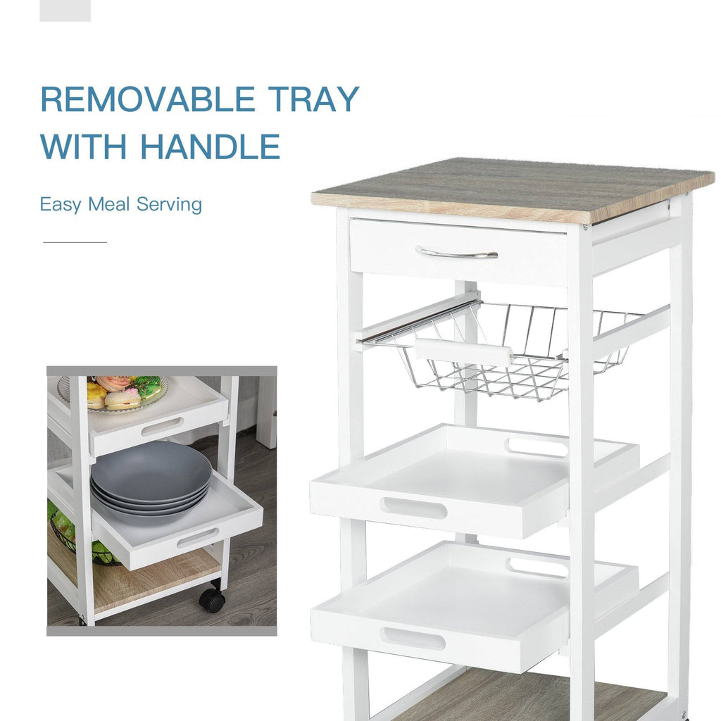 White Mobile Rolling Kitchen Island Trolley Serving Cart with Drawer and Wire Storage Basket O191516
