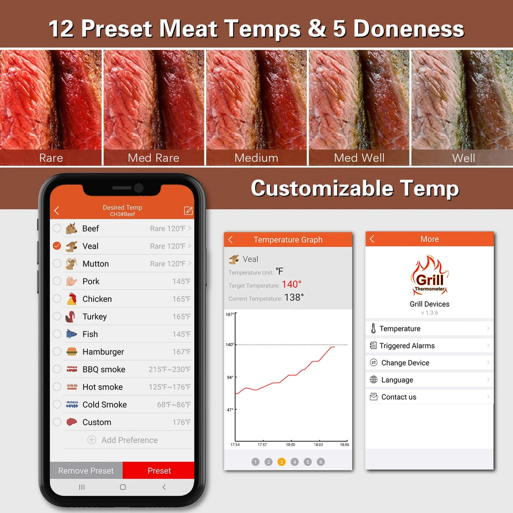 6-Probe Bluetooth Meat Thermometer with LCD Display G336