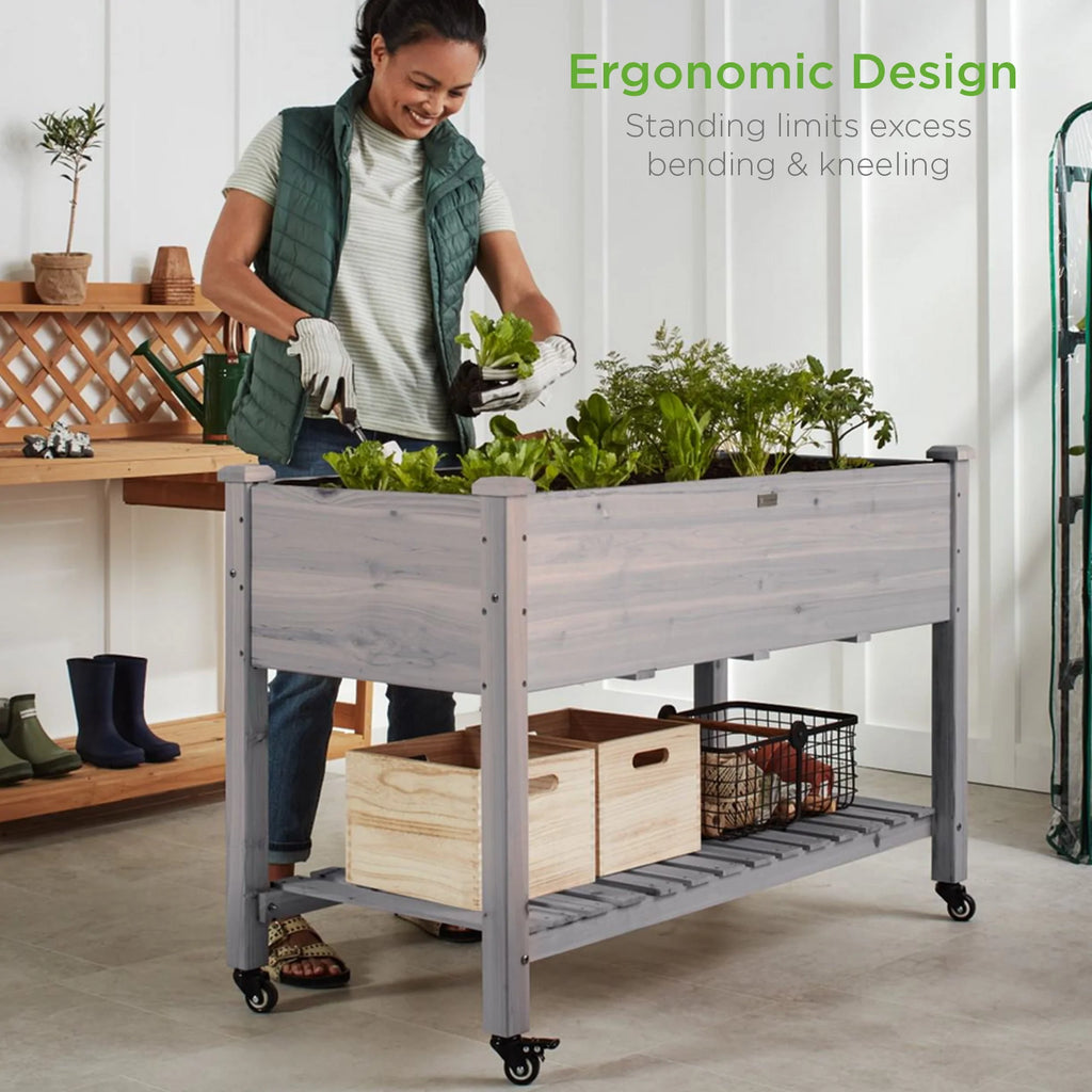 48x24x32in Wood Raised Garden Bed with Wheel Locks V97054