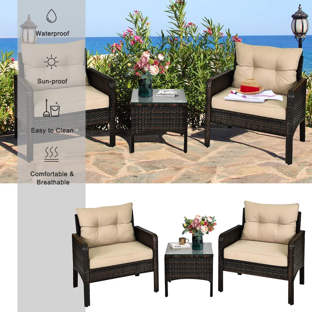 3PCS Brown Patio Rattan Furniture Set with Cushioned Chairs Coffee Table M67627