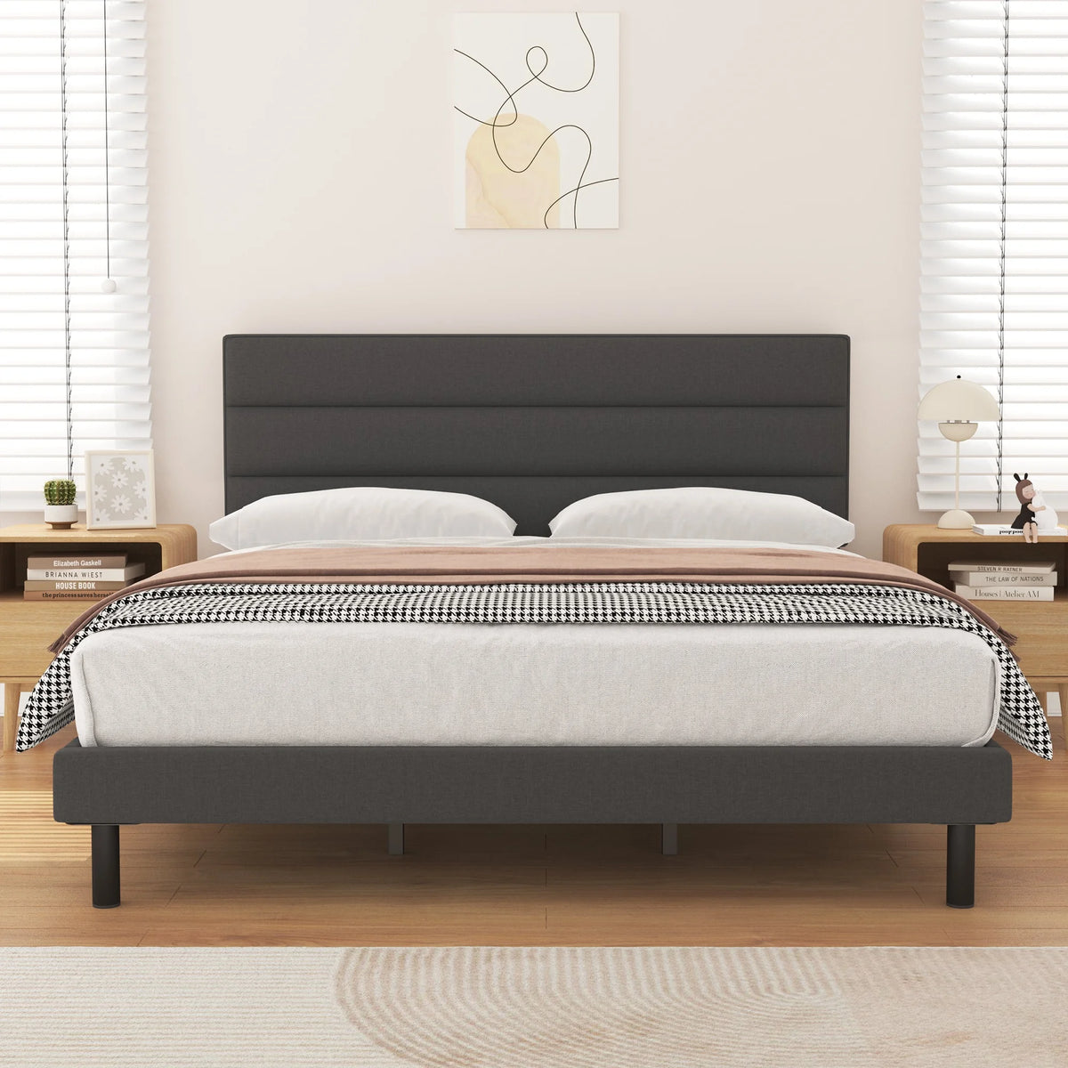 Queen Size Wingback Fabric Upholstered Platform Bed Frame D351