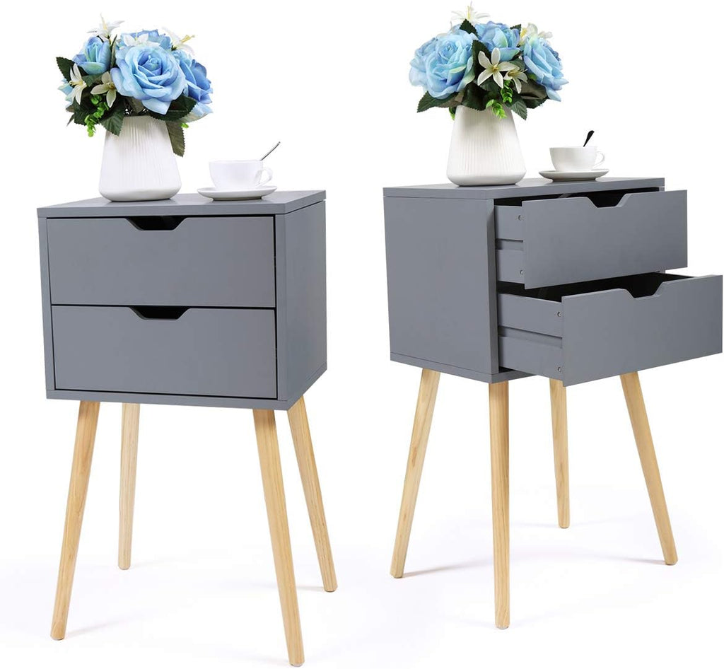 Set of 2 White & Walnut 2 Drawer Wood Nightstand V27845