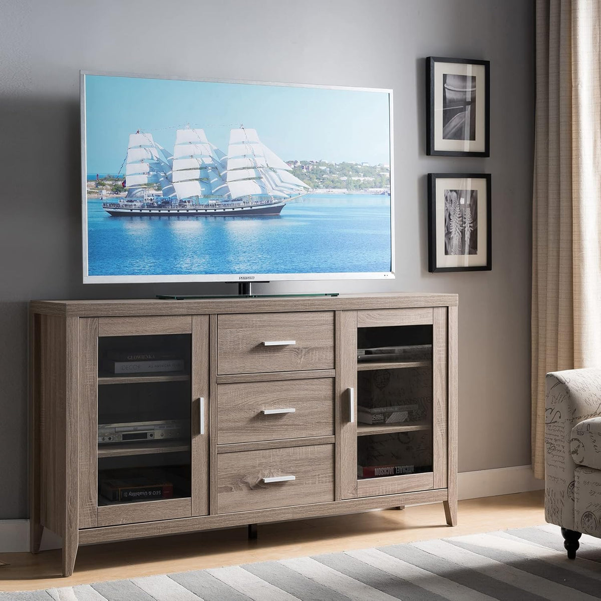 Dark Taupe TV Stand Buffet Console Cabinet with 3 Drawers C722