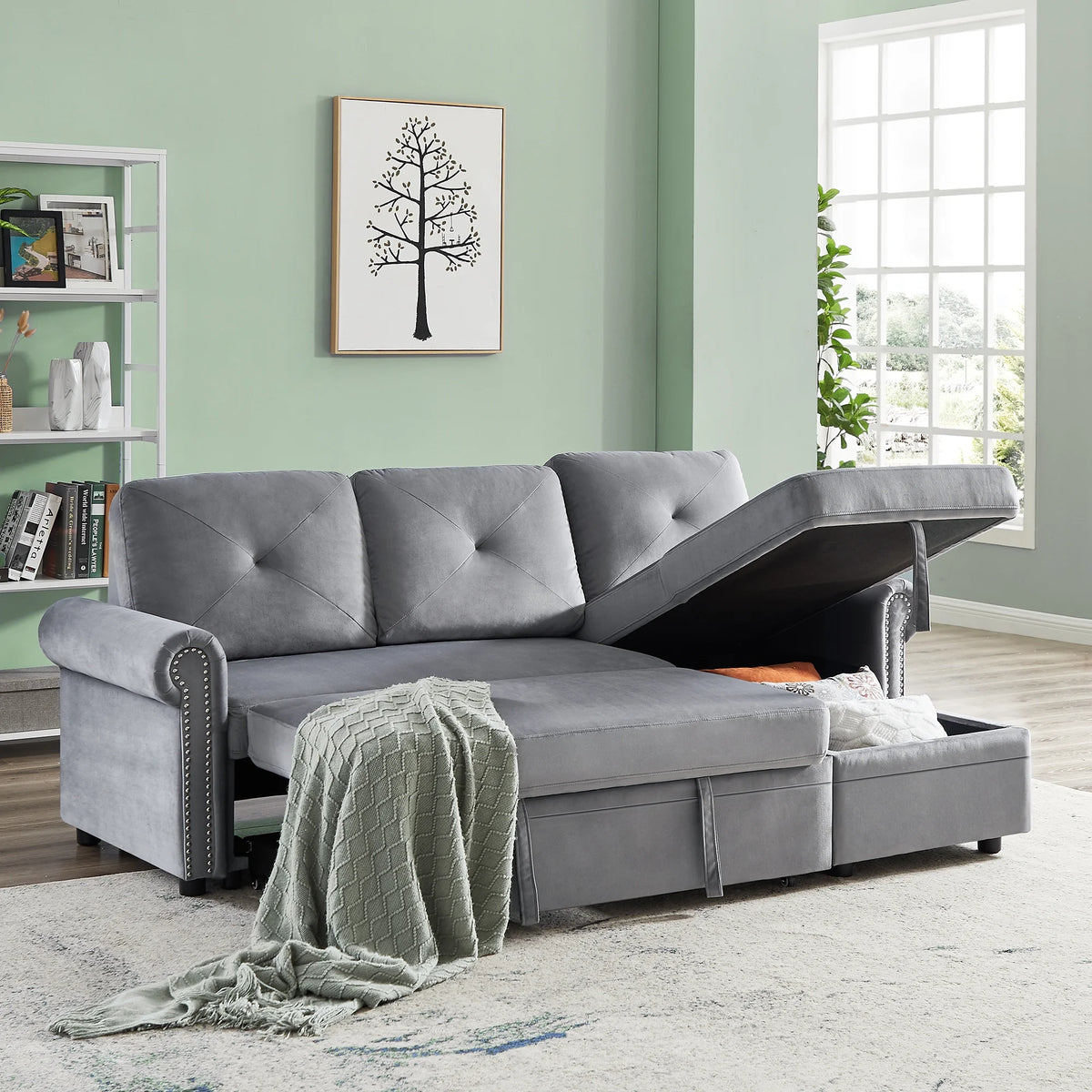 Velvet Reversible Sectional Sleeper Sofa with Storage Chaise F2121