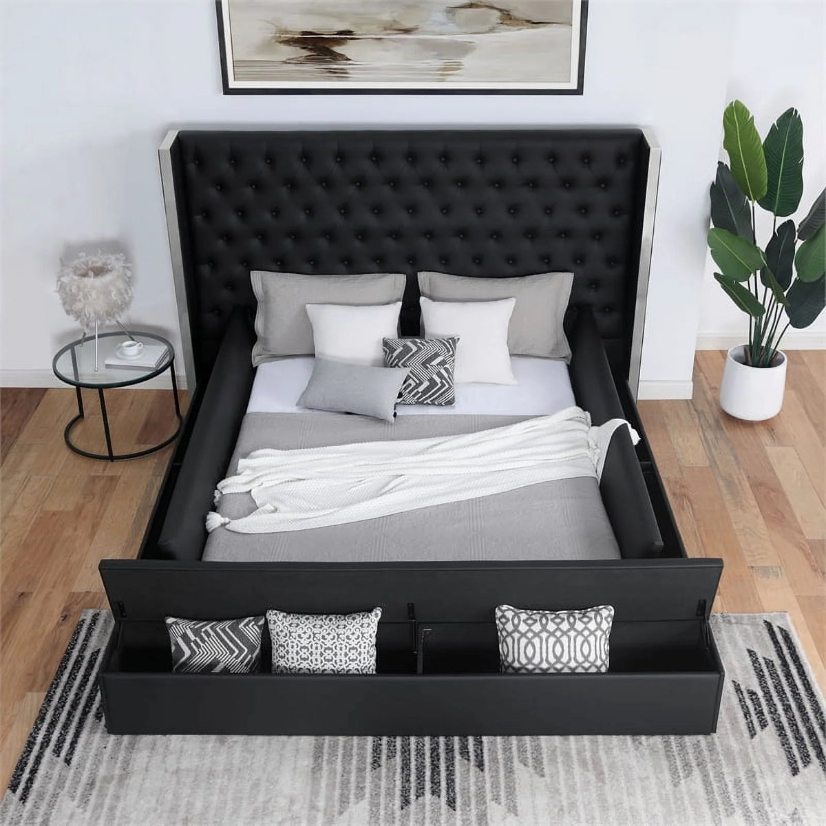 Black Wood Queen Upholstered Bed L945