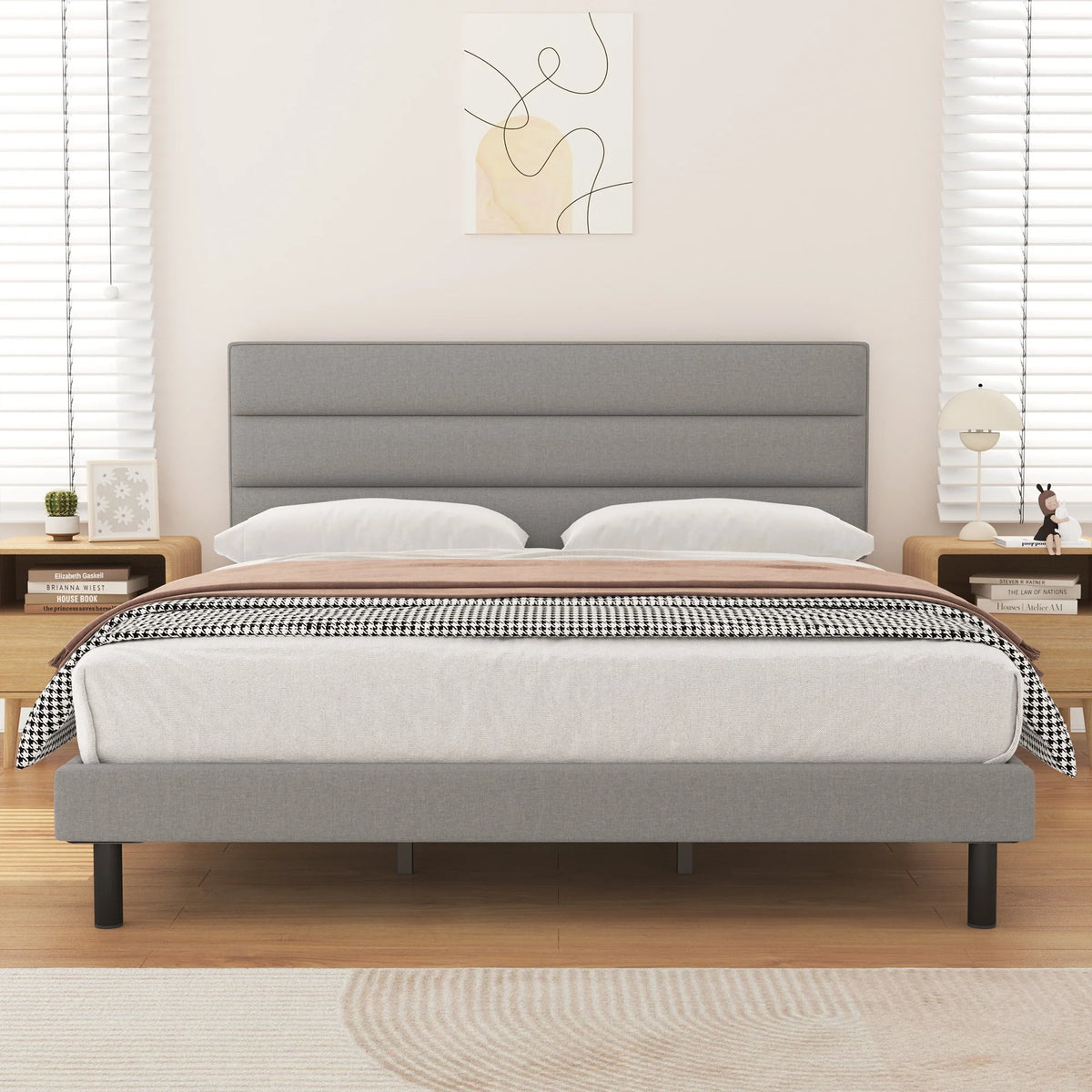 Queen Size Wingback Fabric Upholstered Platform Bed Frame D351