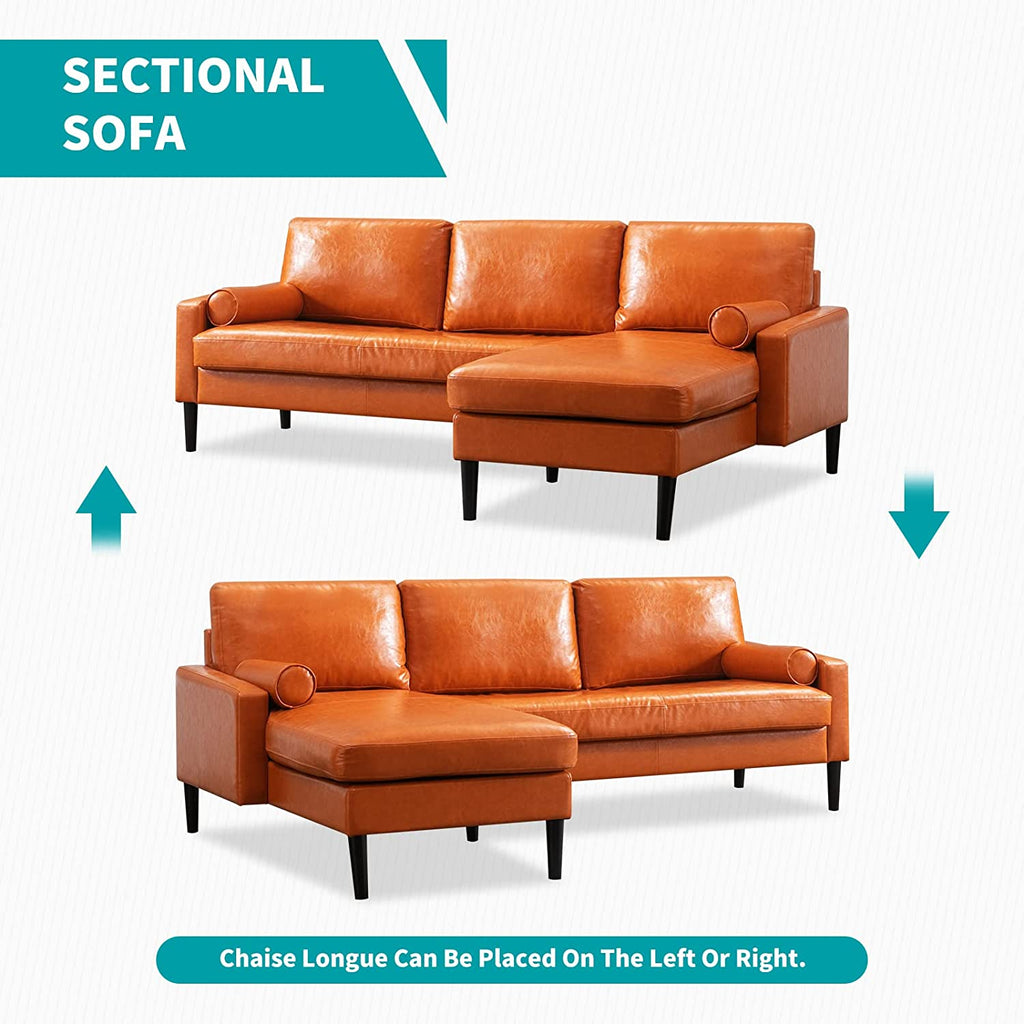 Convertible Sectional Sofa with Reversible Chaise, 3 Seat Faux Leather L-Shape Sofa with 2 Cylindrical Pillows F4867