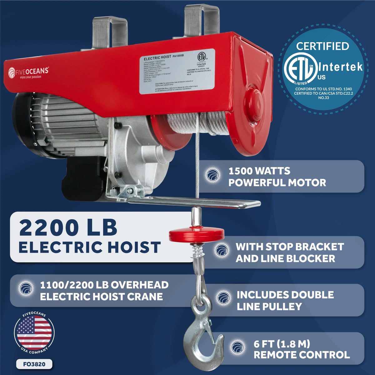 2200 Lb Electric Hoist with 6FT Remote Control J364