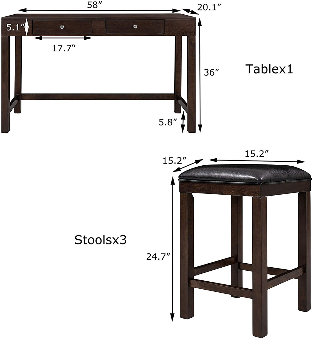 4-Piece Counter Height Dining Table Set with 3 PU Leather Padded Stools V13840
